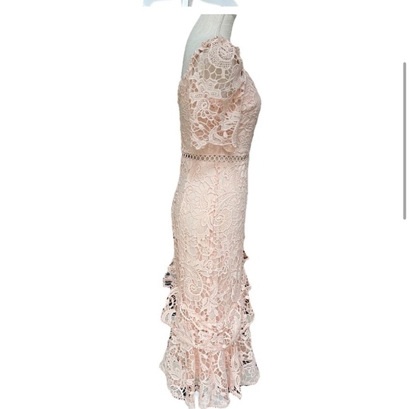 Lulus Briarwood Blush Pink Lace Ruffled Midi Dress M7. - Picture 9 of 16